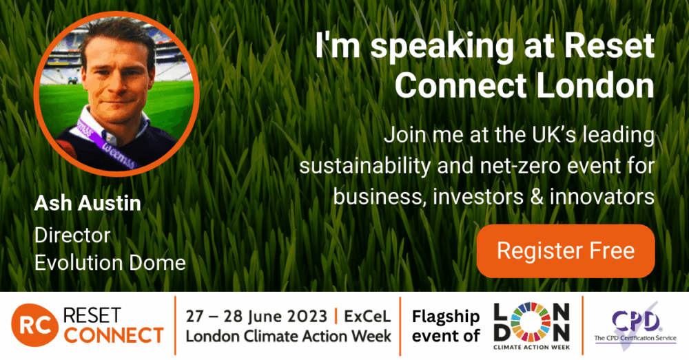 Icon of Evolution Dome's director, Ash Austin, accompanied by text saying "I'm speaking at Reset Connect London"