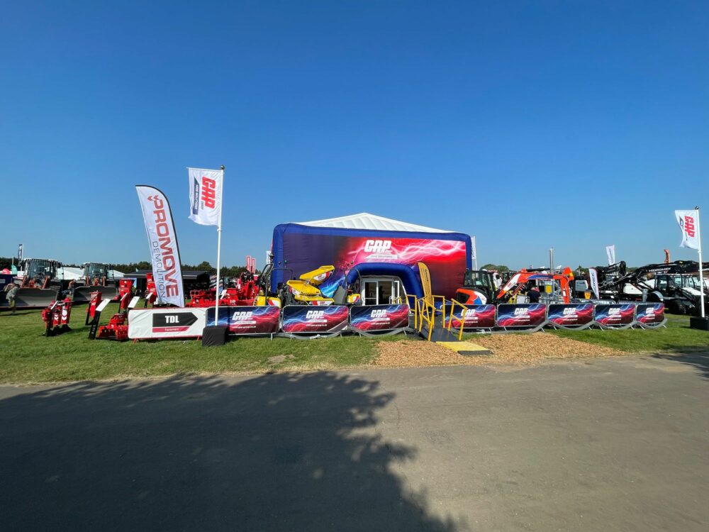 12m inflatable cube with a red and blue cover at the East of England Arena for Plantworx 2023