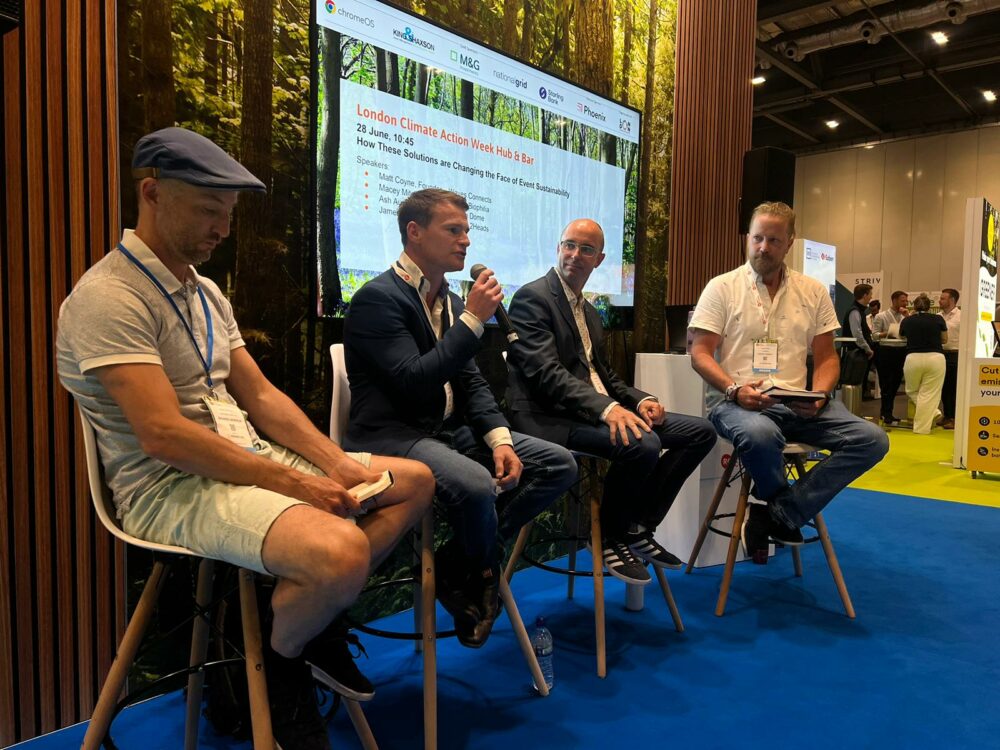 Evolution Dome director, Ash Austin discussing sustainability at Reset Connect with Matt Coyne, Macey Mitchell, and James Simpkins.