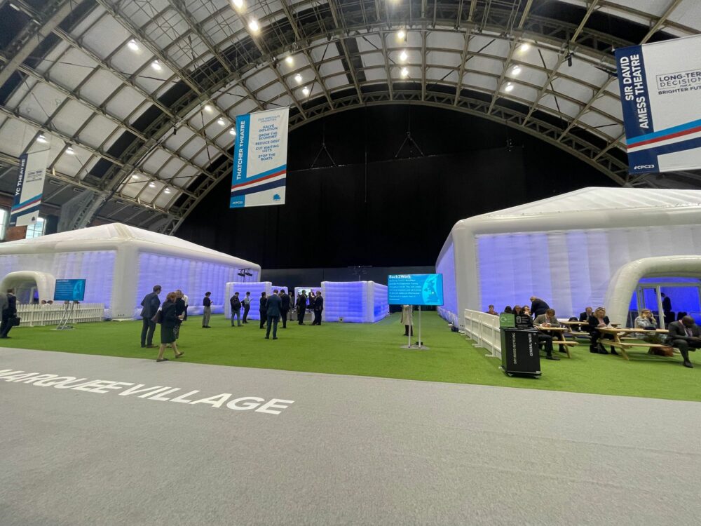 Two inflatable cubes deployed at the Conservative Party Conference 2023 (CPC23).
