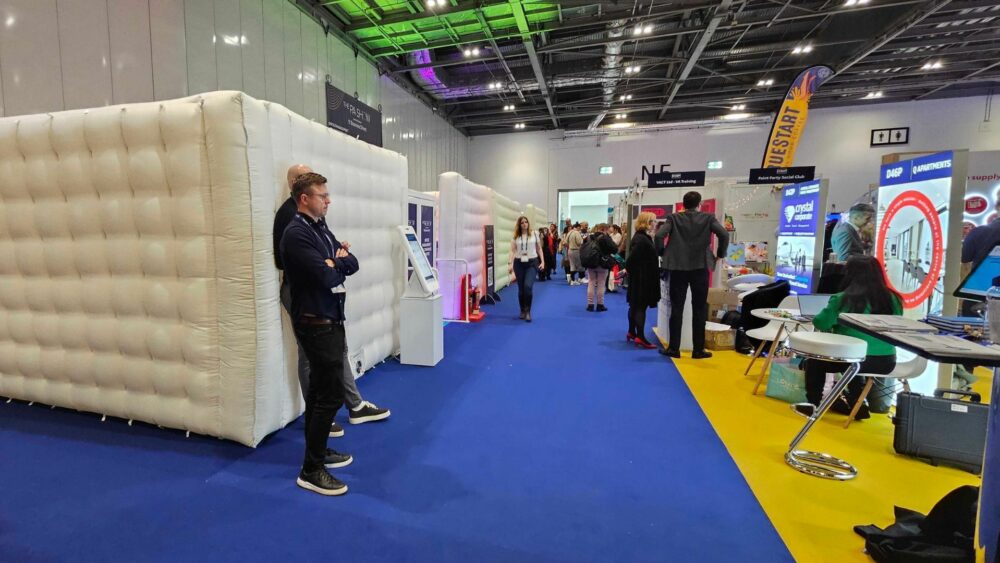 A row of inflatable walls on the show floor at The PA Show